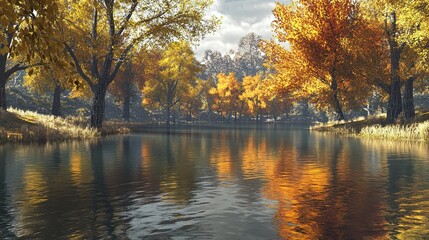 Fototapeta premium A calm lake surrounded by golden autumn trees, with reflections of the foliage on the still water. The calm lake is surrounded by trees in their golden autumn 
