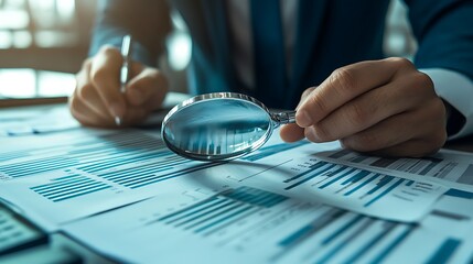 audit concept businessman examining corporate financial statements magnifying glass accounting compliance data review investment accuracy and profit analysis high quality photo
