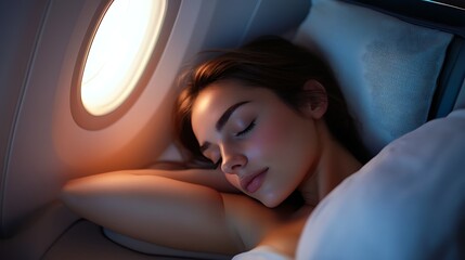 airplane interior with first class luxury seat young woman sleeping premium cabin passenger comfort business class travel lifestyle relaxation and long journey tranquility