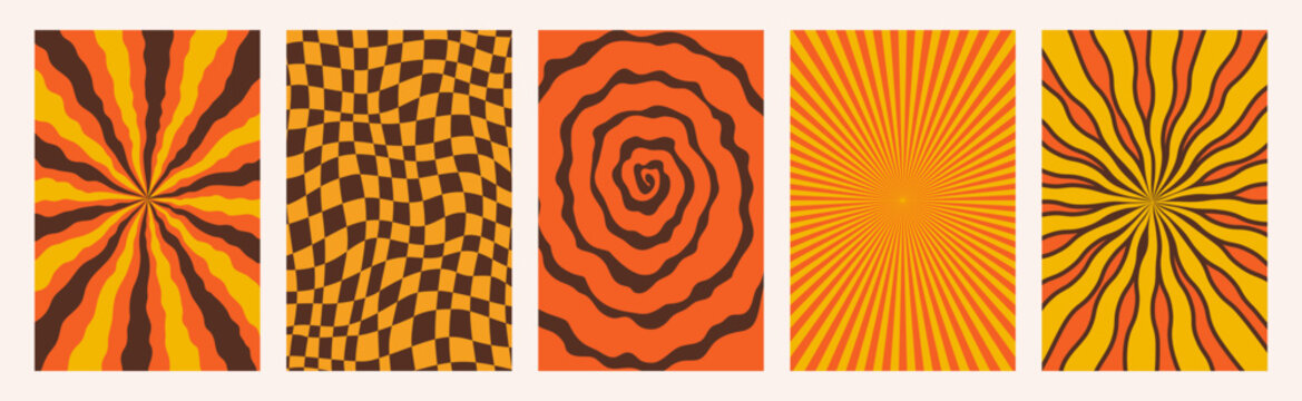Fototapeta Abstract Groovy backgrounds. Set of psychedelic retro patterns in orange colors. Trendy twisted and checkered funky vector texture in abstract y2k style. Vector graphic for posters and art prints.