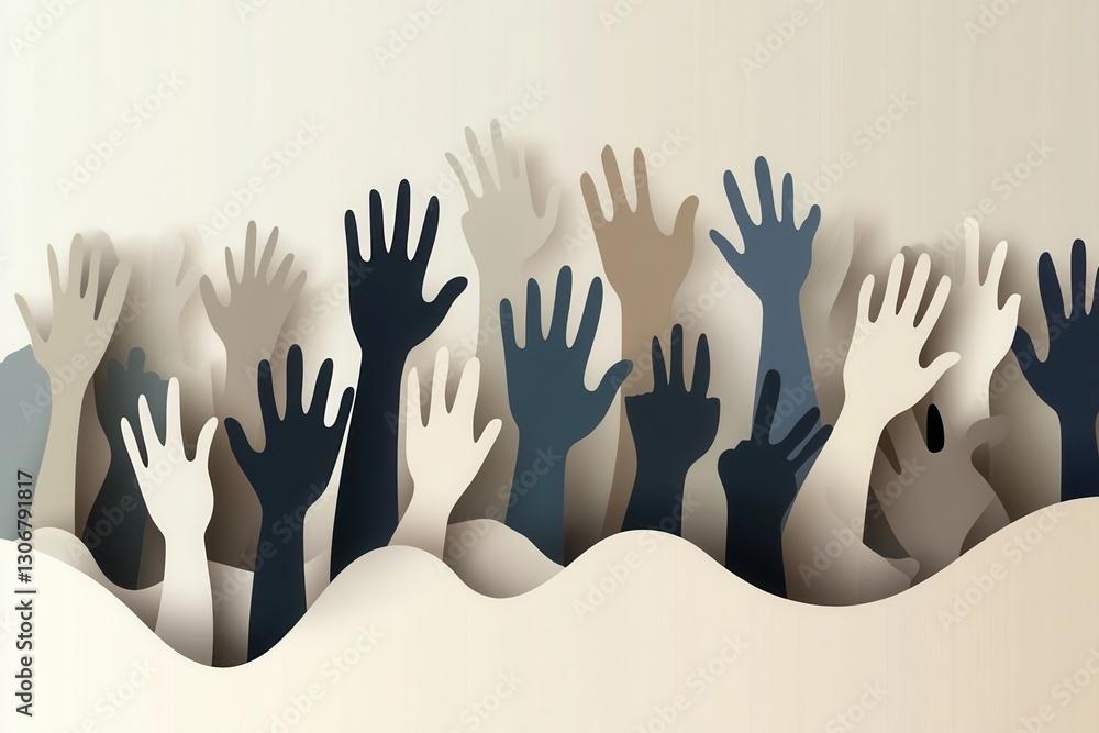 Poster Unity in action with hands raised in celebration against a modern flat design paper art background Generative AI