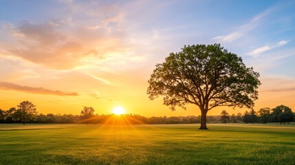 Majestic sunset over a serene landscape with a solitary tree, casting long shadows on vibrant grass