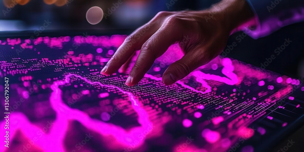 Aufkleber a close-up of a hand interacting with a futuristic touchscreen displaying vibrant data visuals in pi