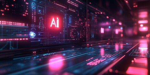 Artificial intelligence processing data in futuristic server room visualization