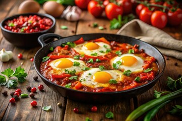 Cast iron shakshuka: a feast for the eyes and palate.  Egg yolk bliss, pepper medley, stunning bokeh.