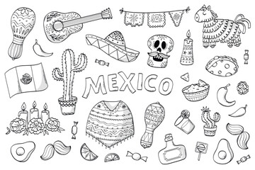 Mexico monochrome doodles, cartoon elements collection, clipart for prints, stickers, social media decor,  wallpaper, etc. Cinco de Mayo, day of the dead theme. EPS 10