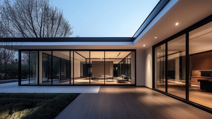 Modern minimalist interior design,large space and high ceiling,livingroom space with tea room and glass doors on the left side, black metal frame and white panels, wooden floor, dark lighting