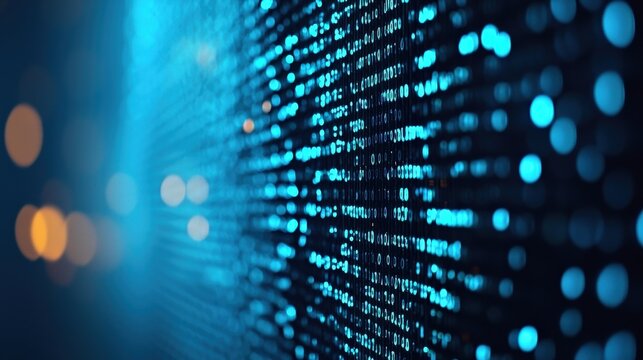 A close-up view of glowing binary code on a dark background, creating a digital and high-tech atmosphere.