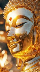 Obraz premium Generate a serene Buddha-like being with molten gold skin, emanating love and tranquility, captured in photorealistic detail