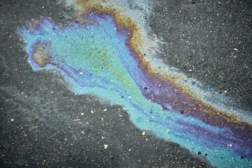 A vibrant oil spill spreads across the dark asphalt, revealing shades of blue, purple, and green. The unique patterns draw attention in the urban landscape, juxtaposed against the gray pavement.