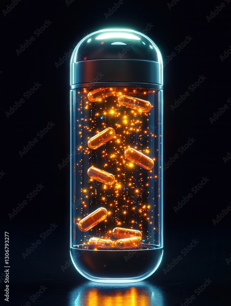 Poster Futuristic transparent pill bottle with glowing capsules designed in a cyberpunk aesthetic and high tech elements Generative AI