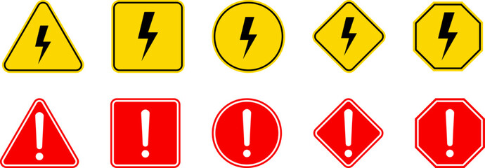 Caution Warning Dangerous alarm set, danger sign collection, attention vector icon, yellow, red and black fatal error message element, exclamation mark of warning attention icon symbol