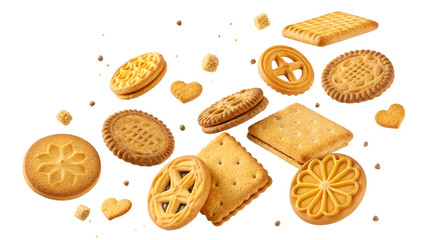 Golden, crispy biscuits and cookies captured in mid-air, isolated on a white background with a perfect clipping path.