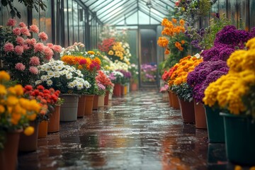 Obraz premium Rainy Day Greenhouse with Colorful Chrysanthemum Flowers