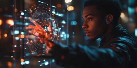 Software developer working with artificial intelligence on a futuristic transparent display