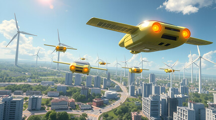  Futuristic flying cars powered by wind turbines and solar panels soaring over a green metropolis from a low angle perspective