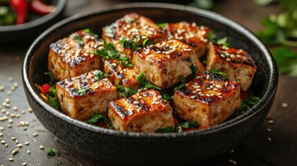 fresh vegetable stir fry in a bowl with tofu and sesame seeds