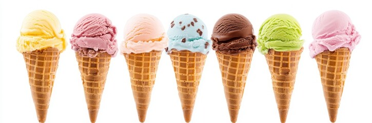 Seven Colorful Ice Cream Cones on White Background