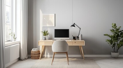 A Modern Home Office Interior Featuring Desk And Plants