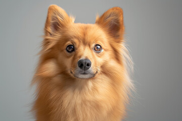 Obraz premium Finnish Spitz dog on minimalistic colorful background with Copy Space. Perfect for banners, veterinary ads, pet food promotions, and minimalist designs.