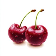Two Ripe Red Cherries with Water Droplets on White Background