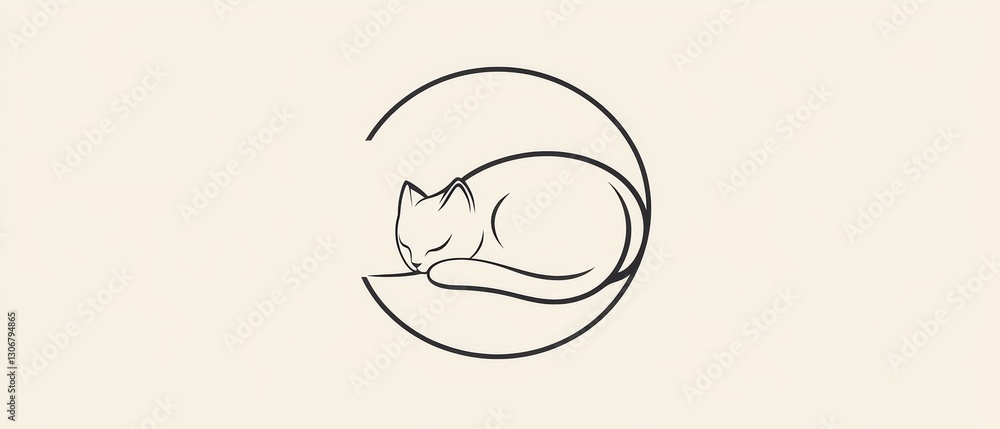 Poster minimalist line art illustration of a sleeping cat embraced by a circular shape on a soft beige back