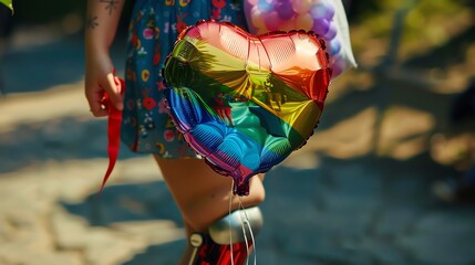 A person walks with a rainbow heart-shaped balloon.