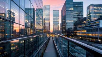 Fototapeta premium A modern urban landscape featuring glass skyscrapers and a walkway, illuminated by a vibrant sunset sky.