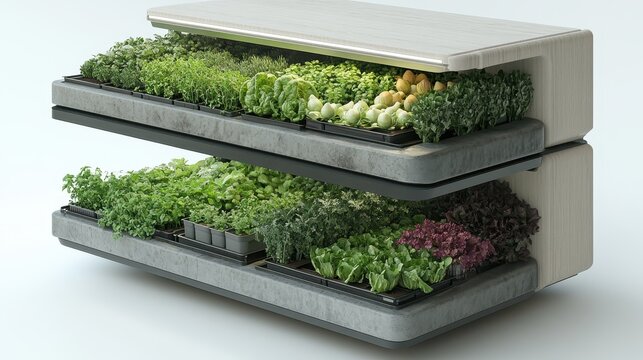 Indoor vertical farm, fresh produce display, sustainable grocery, healthy eating