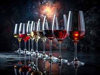 Dark urban setting frames a still life: elegant red, rose, & white wine glasses, a study in contrast.