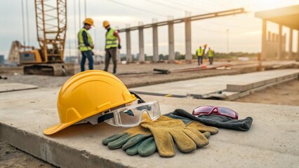 Minimalist composition of construction safety equipment: yellow hard hat, goggles, and gloves, with a softly blurred construction site background. Clean and direct image for safety awareness campaigns