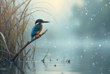 A kingfisher sitting on a reed at early dawn, misty