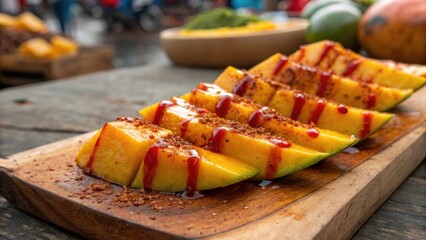 Swicy food. A vibrant image of Mexican chamoy and tajín mango slices on a rustic background, perfect for sweet and spicy menu ideas. Sweet and Spicy Menus.