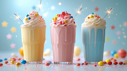 Colorful milkshakes with sparklers and candy decorations.