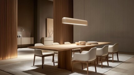 A modern dining room featuring a wooden table and chairs