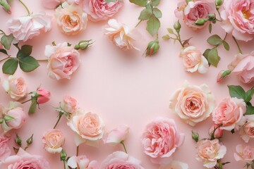Pink roses around the card flowers pastel floral.
