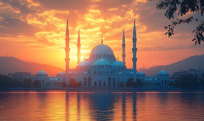 Fototapeta premium Majestic Mosque at Sunset with Reflections in Calm Water