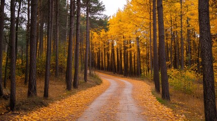 Fototapeta premium Serene winding road through a vibrant autumn forest with golden leaves and tranquil atmosphere
