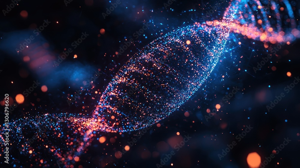 Poster a glowing digital visualization of a double helix structure is shown