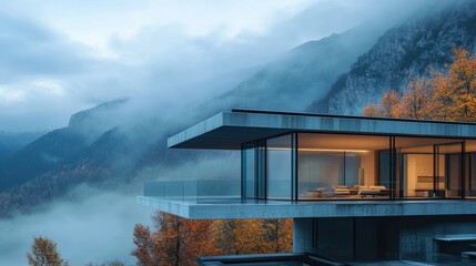 Modern architectural residence with panoramic mountain view surrounded by autumn foliage and misty atmosphere in serene landscape at dusk