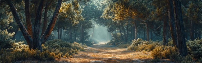 Obraz premium Scenic Pine Forest Path with Green Trees and Lush Vegetation