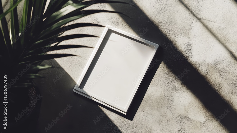 Poster minimalistic flat lay of empty picture frame on textured surface with soft shadows and green plant f