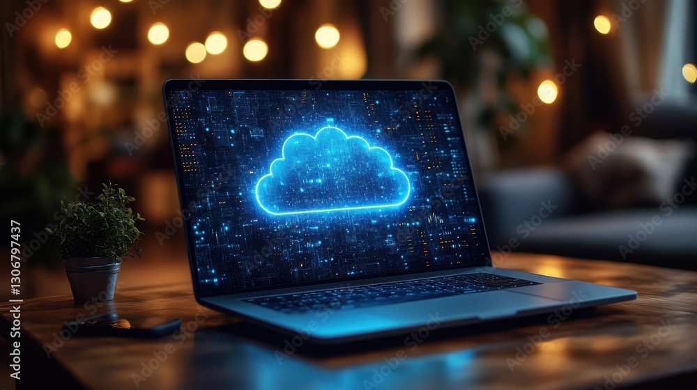Poster futuristic laptop displaying cloud computing technology interface