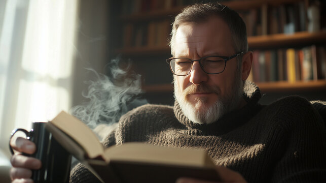 Cozy library scene with a reader and a steaming mug