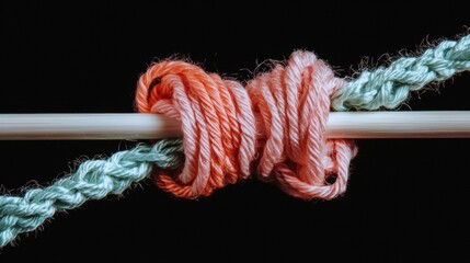 Close-up of a knot made of two strands of yarn. the yarn is in shades of orange and light blue, with the orange strand on the left and the light blue strand in the middle.