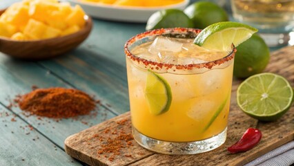 Swicy food. A vibrant margarita cocktail featuring spicy mango and chili with a unique tajin rim, perfect for spicy food menus. Sweet and Spicy Menus.