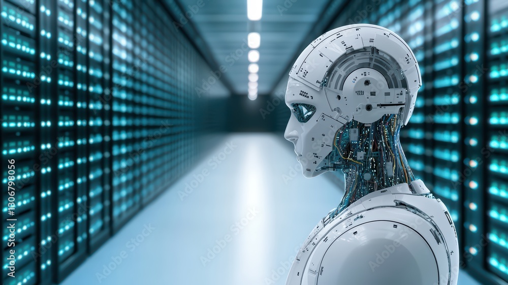 Poster advanced ai analytics in corporate boardroom environment with futuristic robot representation