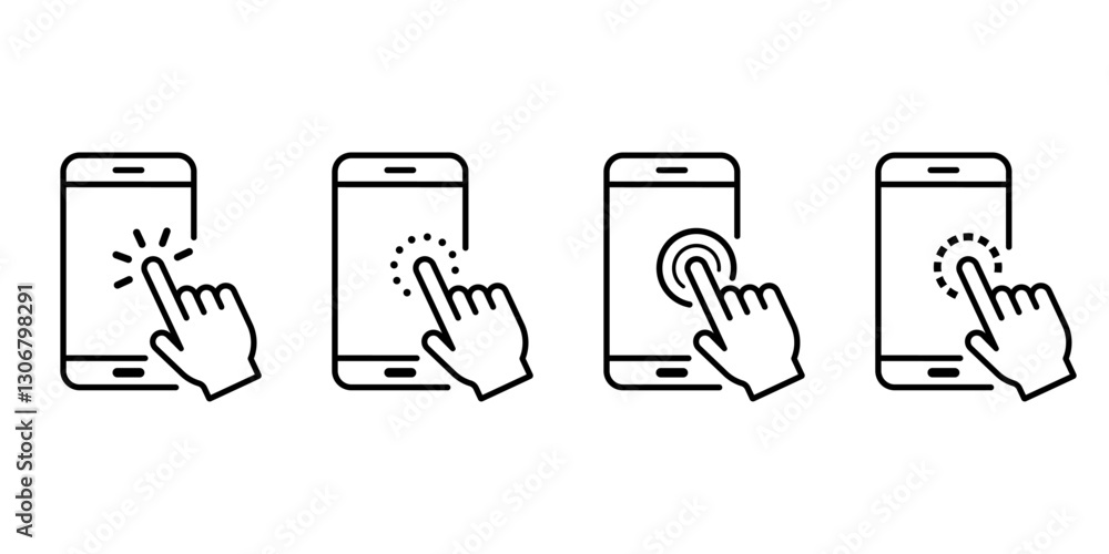 Poster action on mobile phone display outline icon set. hand swipe on smartphone linear pictogram. finger m