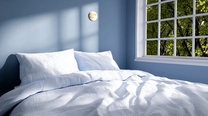 Sleep Wellness Relaxation Self-Care, Healthy Lifestyle concept. Peaceful Moonlit Bedroom with Soft Lighting and Cozy Atmosphere