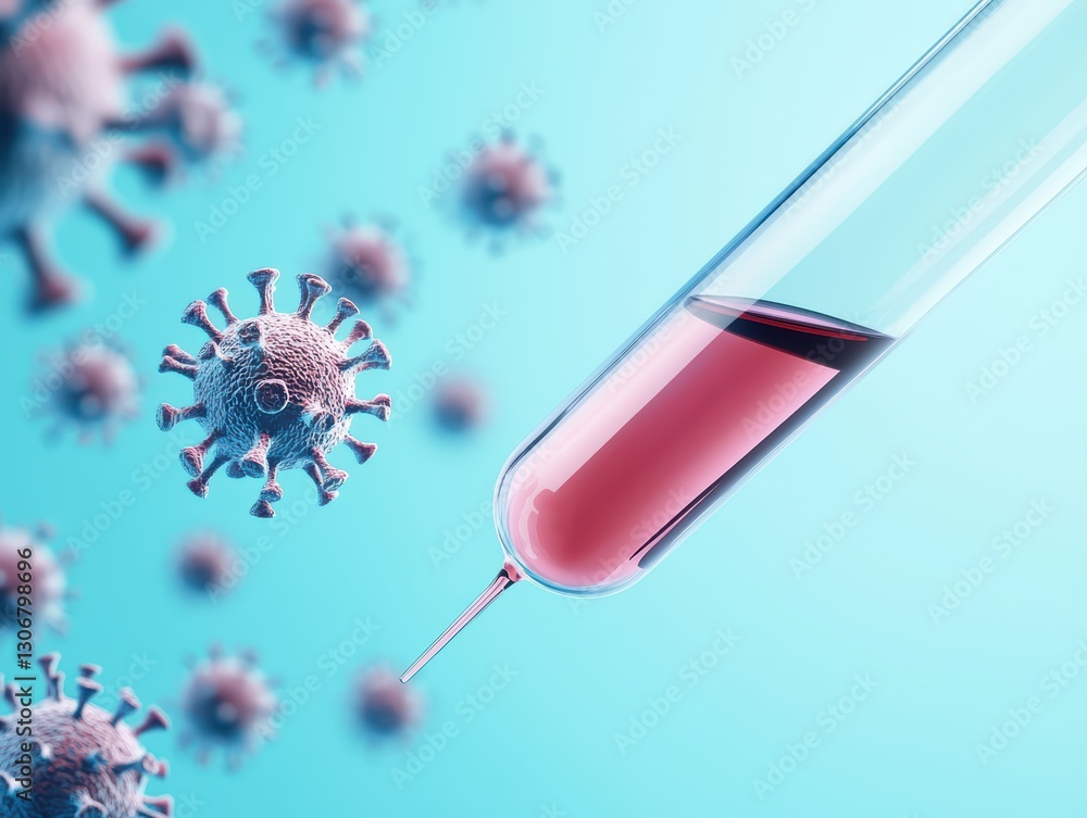 Poster ai-generated image of test tube with virus particles and liquid sample for scientific visualization
